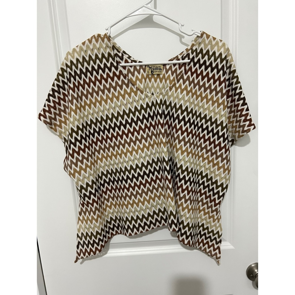 Show Me‎ Your Mumu Chevron Zig Zag Knit Poncho Top Brown White Green Size Small
